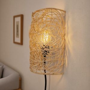 JOYINLED Rattan Wall Lamp with Dimmable Switch Plug in Wall Lamp Rustic Woven Wall Sconce for Foyer Bedroom Bedside E27 Light