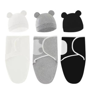 Baby Blanket Hat Set Cartoon Printed Cotton Newborn Swaddle Adjustable Infant Sleeping Swaddle Wraps All Seasons 0-6 Months