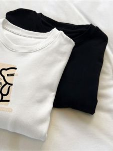 American High Street Handsome Pure Cotton Long Sleeves T-shirt Mens Autumn and Winter round Neck Trendy Loose Easiest for Match Fleece Lined Warm Top