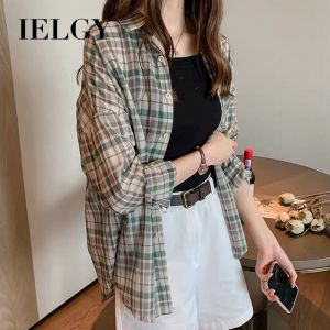 IELGY Plaid Shirt Womens Thin Loose Mid-length Sunscreen Top