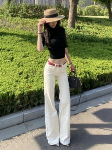 Quần Jeans Ống Thẳng Ôm Dáng Ống Rộng Cạp Thấp Mùa Xuân Quần Dài Đến Sàn Cho Nữ Quần Jeans Denim Thường Ngày Có Nút