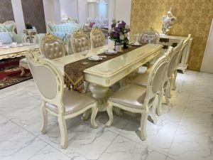Bộ bàn ăn mặt gỗ tân cổ điển 8 ghế dát vàng nhập khẩu cao cấp 933B-2M2
