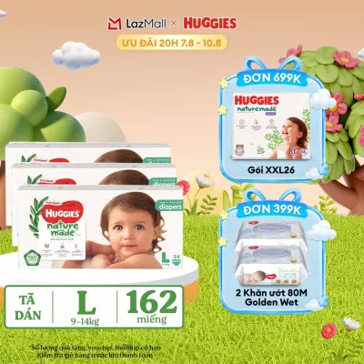 [20h 7-10.8 QUÀ TẶNG ĐƠN 399K] Combo 3 Tã/Bỉm dán HUGGIES PLATINUM NatureMade L54 (9-14kg)-Gói Jumbo 54 miếng