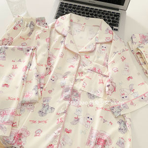 Kawaii Japanese Style Ice Silk Sleepwear Womens Short Sleeve Three Piece Set Home Clothes Summer Cartoon Youth Long Pants