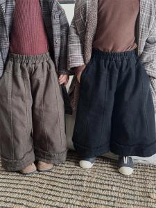 Retro Faded Hem Wide Leg Pants Childrens Casual Fleece Lined Cotton Trousers for Boys And Girls New Winter Fashion