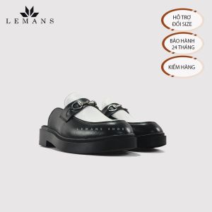Giày Sục Tăng Cao 4cm LEMANS Mules Loafer - Black White. Da bò nguyên tấm nhập khẩu. Đế khuôn độc quyền. Bảo hành 24 Tháng