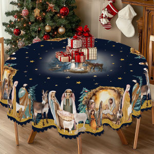 1 Piece Christmas-Themed Blue Printed Tablecloth Vintage Country Farmhouse Style Nativity Scene Pattern Design Suitable for Christmas New Years Parties Party Decorations Kitchen Accessories Room and Outdoor Decorations Gift for Friends Rectan...