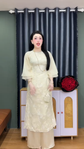 QC_ Set áo dài cách tân hoa nổi áo dài thanh lịch dự lễ Tết set áo dài cô dâu nhẹ nhàng thiết kế tay lửng cách điệu Tơ thêu hoa cổ cườm mix quần dài