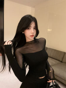 GUZILIAN | เสื้อเชิ้ตผู้หญิงสไตล์เกาหลีสีดำ ทรงเข้ารูป ดีไซน์โปร่งใส ดีไซน์ผสมผสาน สวมใส่ได้หลากหลาย แขนยาว ปกติ