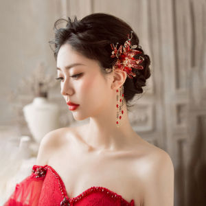 ต่างหูสไตล์เกาหลีสำหรับเจ้าสาว ต่างหูยาวสีแดง ตกแต่งด้วยลูกปัด ต่างหูแบบแขวนสำหรับใส่กับชุดเสื้อผ้าสำหรับงานแต่งงาน