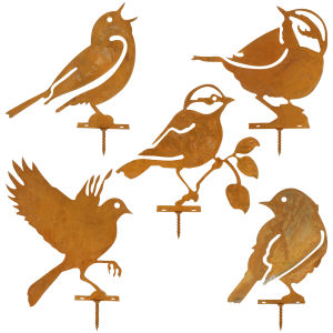 5Pcs Garden Birds Art Silhouette Sculpture Rusty Iron Metal Bird Ornament for Outdoor Garden Fence Stake Decoration