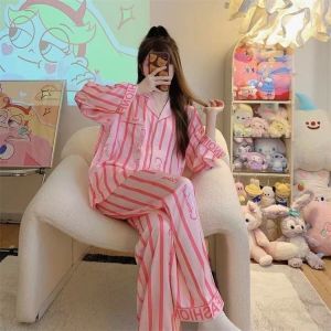 ชุดนอนผ้าไหมน้ำแข็งสำหรับผู้หญิง1เซ็ตชุดนอนทรงหลวมชุดนอนพิมพ์ลาย + ชุดนอนกางเกงลำลองทรงหลวมน่ารักเอวสูง