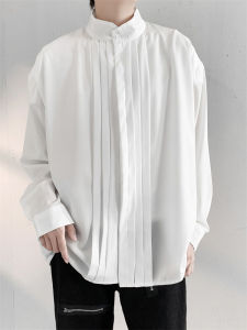 New Chinese Style Mens Loose Fit Shirt Stand Collar Accordion Pleat Casual Outerwear Trendy Design Sensation Autumn Long Sleeve