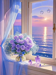 Huacan 5D DIY Diamond Painting Rose Vase Seaside Diamond Mosaic Flower Landscape Picture Of Rhinestones
