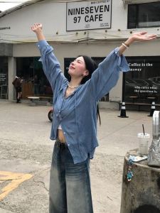 Blue Plaid Hooded Open Cardigan Womens Early Autumn 2025 New Korean Style Retro Loose Design Sense Shirt Top