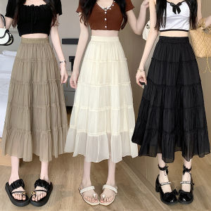 Ruffle Tencel Chiffon High Waist Slimming A-Line Tiered Midi Skirt