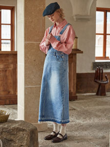 Retro Versatile Light Blue Washed Distressed Denim Overalls Skirt Gradient Color Contrast Hemline Cotton Mid-length A-line Silhouette