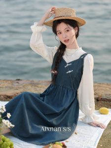 New Chinese Style Denim Halter Dress Womens French Shirt Spring New Arrival Set V-neck Mid-length A-line Skirt without Sleeve