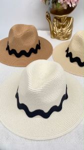 หมวกสานทรงปานามาคาดผ้าสีดำหยักคลื่น [รหัสB109] ใส่เที่ยวทะเลคาเฟ่  สินค้าพร้อมส่งจากไทย