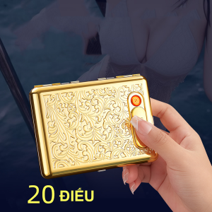 Bật lửa điện kiêm hộp đựng thuốc 20 điếu có kẹp kim loại hoa văn M19