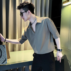 Mens Ice Silk Short Sleeve Shirt V-Neck Casual mid Sleeve T-Shirt Summer Trendy Brand Fashionable Breathable Lightweight Top