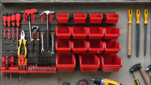 39PCS Tool Organizer Rack Wall Mounted Tool Storage Rack with Multi Red Storage Bins Wall Parts Storage Box Tool Hanging Plate Set with Hooks and Screw Nails Floating Shelf for Workshop Garage