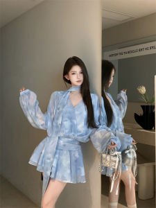 ลายดอกไม้ Ombre สีน้ําเงิน คอวี ผ้าชีฟอง เดรส ผู้หญิง ฤดูร้อน Tea Break French สไตล์สาวหวาน ลูกไม้สวย ทรงเอ มินิ กระโปรง เรียบหรู หรูหรา
