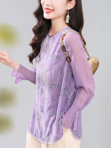 เสื้อยืดไหมปักลายแฟชั่นสำหรับผู้หญิง ทรงหลวม แขนยาว ปกกลม ผ้าไหม ฤดูใบไม้ผลิ 2025 แบรนด์ Fuxiu สำหรับผู้หญิงวัย 30-39 ปี