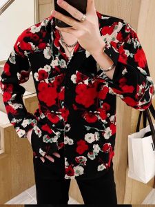 Mens Long Sleeve Floral Shirt Ice Silk Spring Summer New Style Casual Handsome Print Top No Ironing Required Loose Fit Thin Fabric