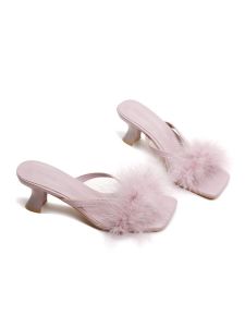 2024 Spring/Summer New Arrival Fluffy Slippers Wedding Morning Gowns French Chunky Heel Sandals High-Heeled Outdoor Fairy Style