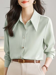 Acetate Satin Womens Long Sleeve Shirt Spring Autumn Professional Formal Interview OL Style Slim Fit Polo Collar Bright Thread