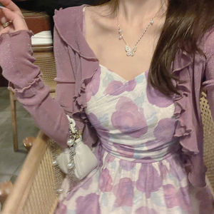 Elegant Silver Thread Wood Grain Edge Womens Summer Lightweight Cardigan Sun Protection Outerwear Fashionable Shoulder Baring Top