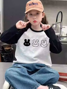 Girls Cotton Long Sleeve T-Shirt Cartoon Rabbit Design Loose Casual Top Black White Color Block Versatile Spring Autumn Wear