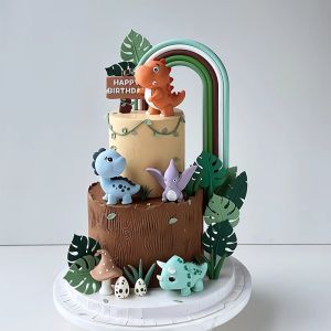 Forest Theme Dinosaur Cake Decorations Jurassic Dinosaur Figurines with Green Rainbow Sign Toppers for Birthday & Baby Showers