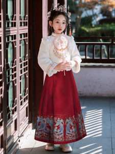 Girls Winter Hanfu Dress Set Long Sleeve Embroidered A-Line Skirt Traditional Chinese New Year Clothing Soft Cotton Thickened