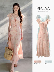 PIAOYA | V-Neck Flower Print Tie Waist Slimming Chiffon Maxi Dress
