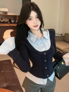 GUZILIAN | Collegiate Style Two-Piece Design Peter Pan Collar Bell Sleeve Shirt
