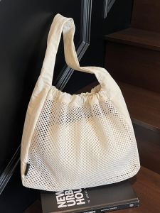 Trendy Large Capacity Hollow out Tote Bag Womens Shoulder Bag Commuter Bag Soft Polyester Lining Single Strap Pure Color