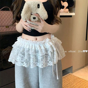 White Lace Ballet Style Half Skirt with Belt Spring Summer Korean Style Underwear with Denim Shorts Butt Covering Mini Skirt