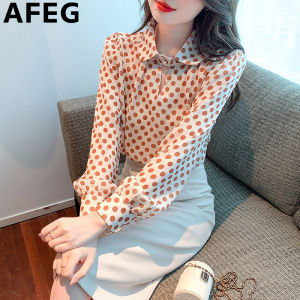 AFEG New Korean Lapel Fashion Loose Versatile Dot Chiffon Long Sleeve Blouse for women