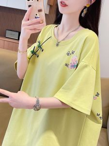 2024 New Fashion plus Size Loose Fit Short Sleeve Embroidered T-Shirt Womens Outerwear Slimming Mid-Length Cotton Tee