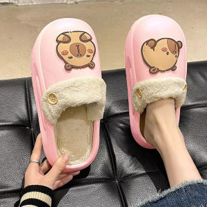 กันน้ํา ผ้าฝ้าย รองเท้าแตะ ผู้หญิง ฤดูใบไม้ร่วง ฤดูหนาว กลางแจ้ง น่ารัก Puffer Furry อุ่น บ้านในร่มที่ถอดออกได้ กันลื่น รองเท้าแตะ