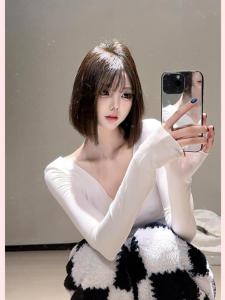 Áo Thun Dài Tay Cổ Chữ V Màu Trắng Ôm Vừa Vặn Tôn Dáng Cho Nữ Mùa Xuân Thường Ngày Không Thương Hiệu Dài Vừa Phải