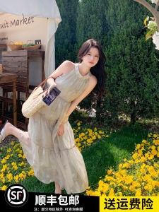 ลายดอก ผ้าชีฟอง ปิดไหล่ แขนกุด ยาว เดรส ผู้หญิง ฤดูร้อน เรียบหรู อ่อนโยน กระโปรงทรงเอ เสื้อสวม สไตล์ K-style