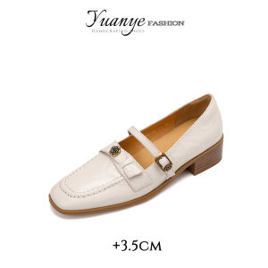 Yuanye Soft Mist French Style Genuine Leather Mary Jane Flat Heel Womens Shoes Square Toe Fashionable Casual Footwear