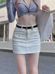 สีขาว เดนิม ทรงเอ Mini กระโปรง ผู้หญิง ฤดูร้อน พรางหุ่น สูง เอว ก้นเซ็กซี่ป้องกันแสง กระโปรงสั้น กางเกง