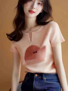 Pink Knitted Short Sleeve V-Neck T-Shirt Womens Fashionable Summer Top Casual Loose Fit Regular Length Print Design