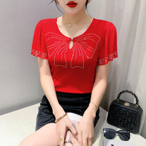 Áo thun nữ Yimei xù xì Áo khiêu vũ Áo thun cổ tròn màu đen phía trên lưới kim cương 2023 thời trang mới mùa hè