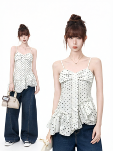 AUDISTY | Áo Dây Nơ In Chấm Bi Viền Xếp Ly