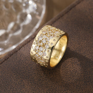 Luxury Wide Band Ring for Women with Artificial Zirconia Starry Skies Design High-End Heavy Work Jewelry